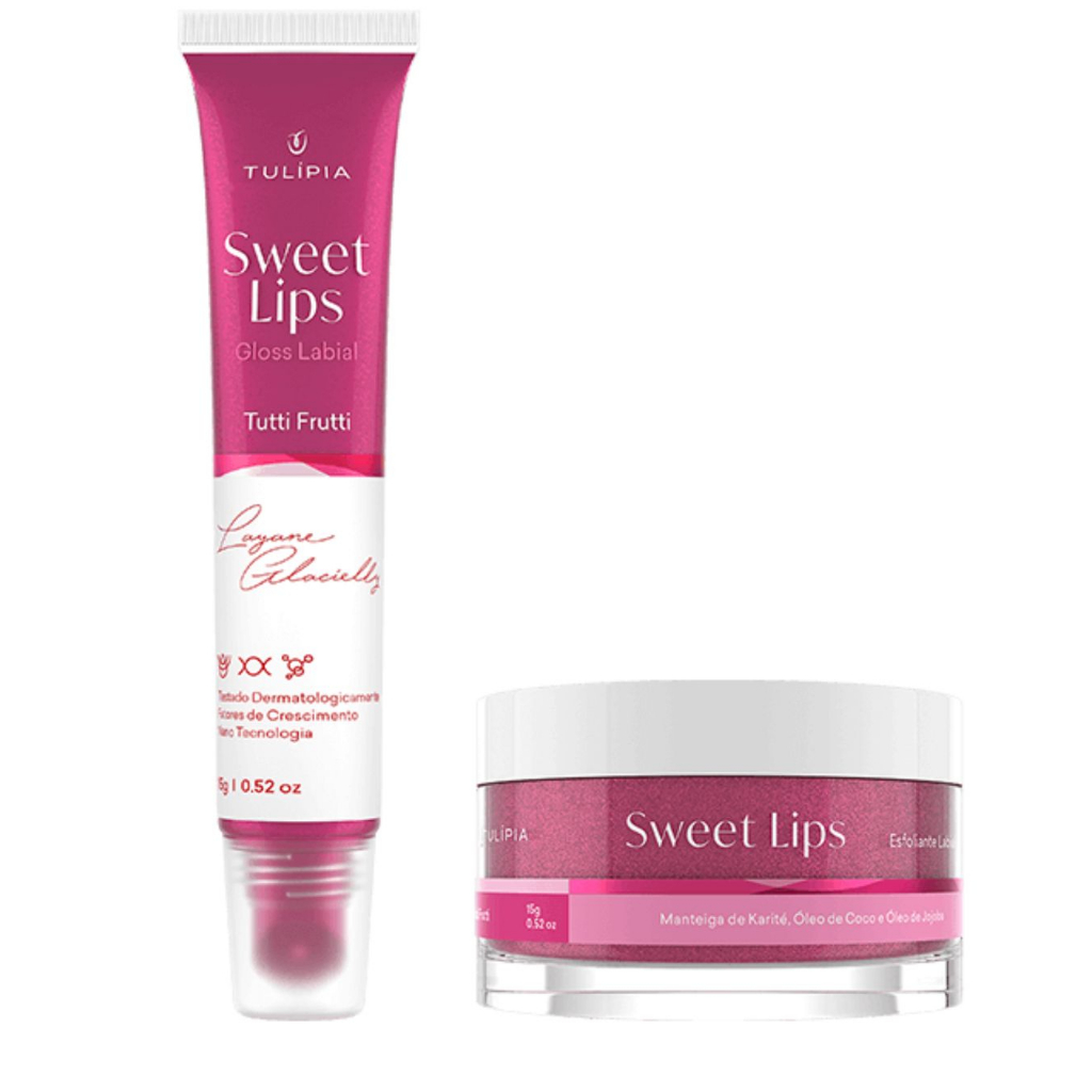 Kit Sweet Lips Gloss e Esfoliante Tutti Frutti Hidratação Profunda e Rejuvenescimento Labial Tulípia