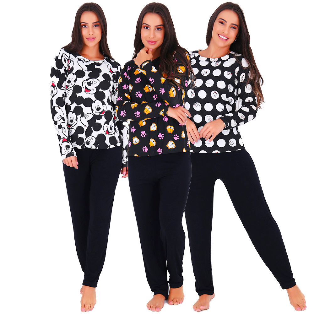 Kit 3 Pijamas Manga Longa Inverno Tecido Conforto | Shopee Brasil