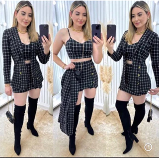 Conjunto Três Peças Conjunto Feminino Blogueira Short Cropped e Blazer com botões
