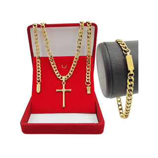 Corrente Masculina Cordão + Pingente Crucifixo + Pulseira Grossa de Luxo Tipo Grumet Banhado a Ouro 18k