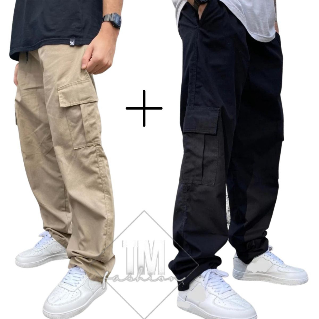 2 Calça Cargo Larga Unissex 6 Bolsos Esportiva Lisa Jeans Masculino Feminino Sarja