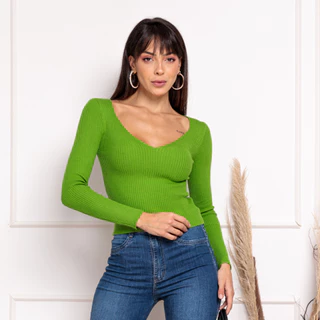 Blusa Decote V cropped Tricôt Trança confortável Sueter -107