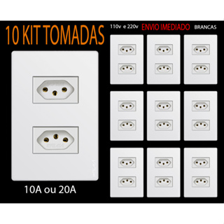 KIT 10 Tomadas DUPLAS 10A 20A SIMPLES BRANCA MODULAR COMPLETA COM PLACA E PARAFUSO BRANCA 4X2