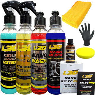 Kit Cera Automotiva L3D + Vitrificador Automotivo / Shampoo / Higienizador APC/ Pretinho/ Flanela e Aplicador