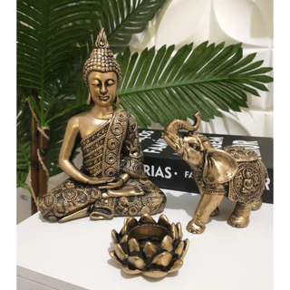 Enfeite Trio De Estatuetas Buda Meditando + Elefante Indiano + Castiçal Flor de Lotus 3 Peças Decoração Dourado Prata