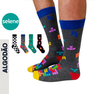 Meia Divertida Masculina ALGODÃO Cano Longo Selene Street Alta Treno Academia Presente Estampada Fogo Xadrez Tetris Presente Homem 39-43 Adulto