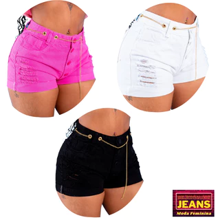Shorts Jeans Feminino Bermudas Rosa Branca E Preta Com Cinto Corrente Ouro Short Jeans