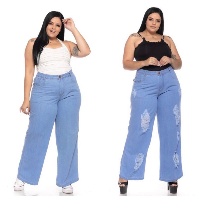 Calça Jeans Escuro Wide Leg Versão Destroyed Pantalona Plus Size