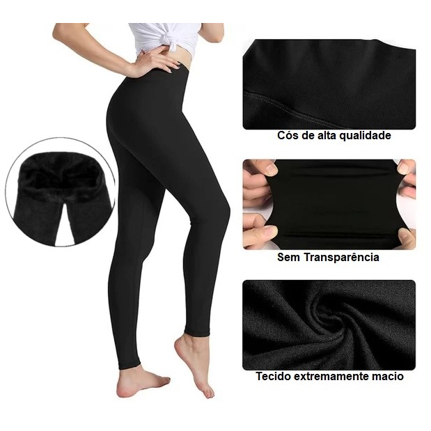 Calça Legging Peluciada Flanelada Preta Feminina, Cintura Alta Treio e  Casual