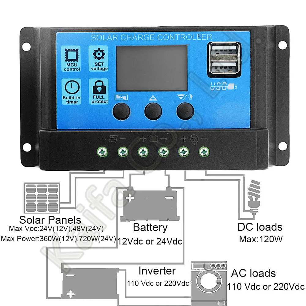 Controlador de Carga Solar Pwm Display LCD USB 10A 12V/24V