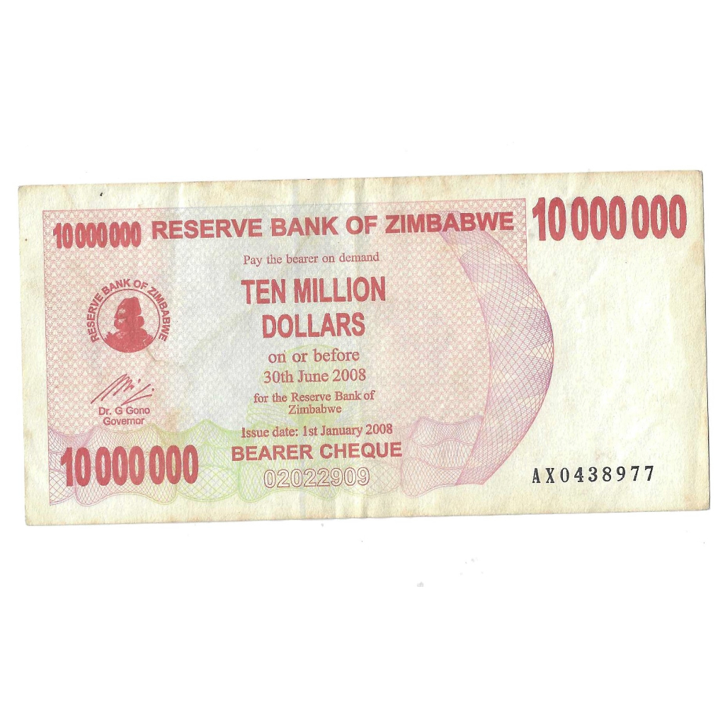 Cédula de Zimbabue 10 milhões de dolares ano 2008 Bearer Cheque estado ...
