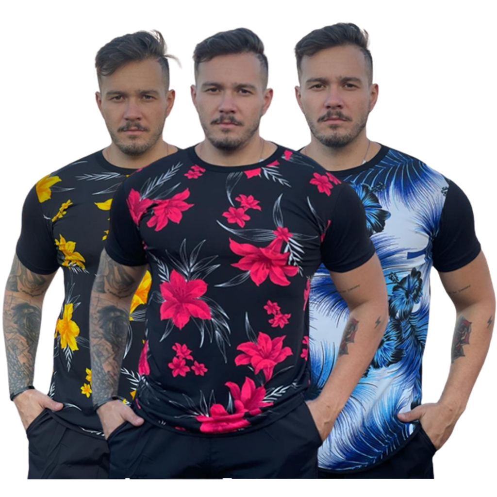 Kit 3 Camisa T-shirt Long Line Floral masculina Camiseta Moda