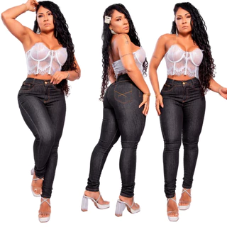 Calça Jeans Preta Lisa Feminina Skinny Cintura alta Efeito Levanta Bumbum c/lycra