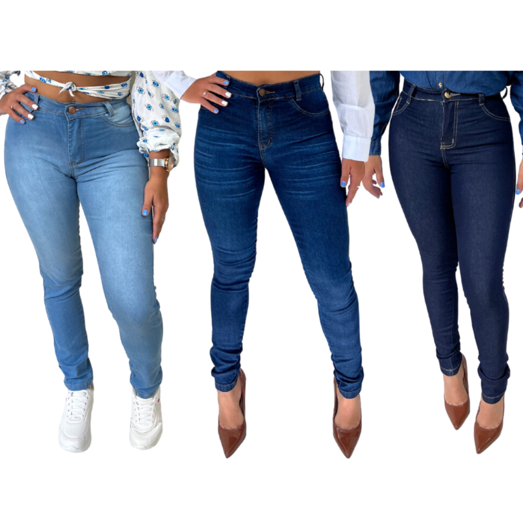 kit 3 Calça Jeans Feminina Elastano Cintura Alta Efeito Levanta Bumbum ...