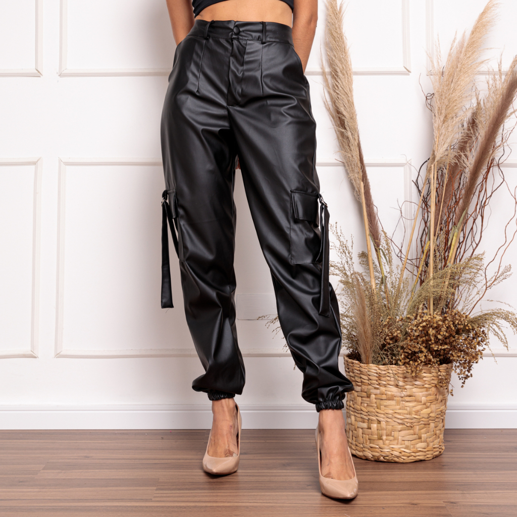 Calça Cargo Jogger Sarja Feminina Cintura Alta Com Lycra Bolso Latera