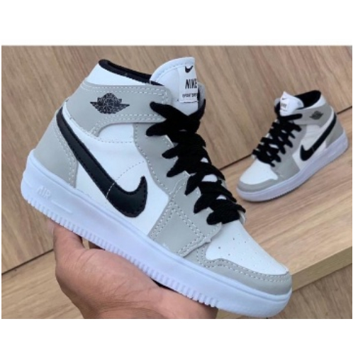 Tênis Infantil Bota Cano Alto Air Jordan Branco/Cinza/Preto Masculino/Feminino mega promoção escolar dia das crianças