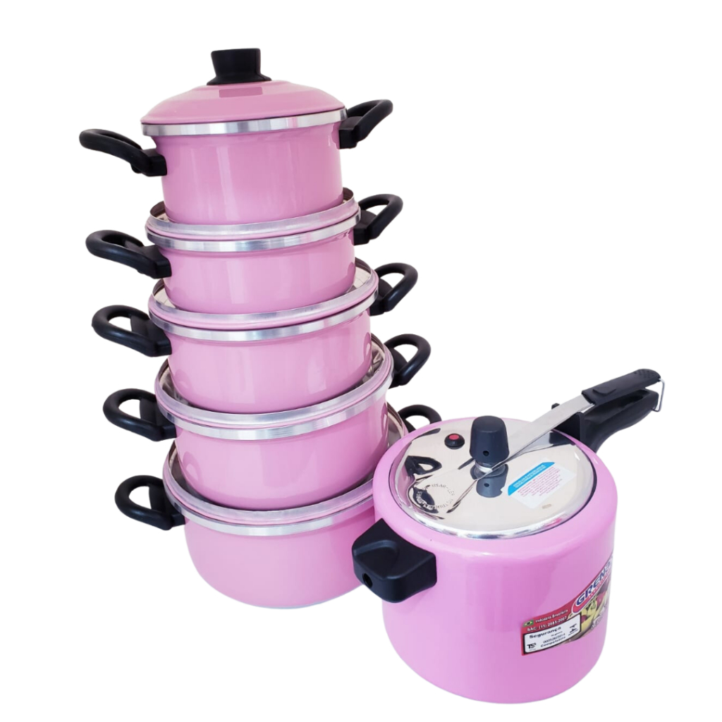Jogo De Panelas Rosa Extra Forte 6 Peças Com Panela De Pressão | Shopee ...