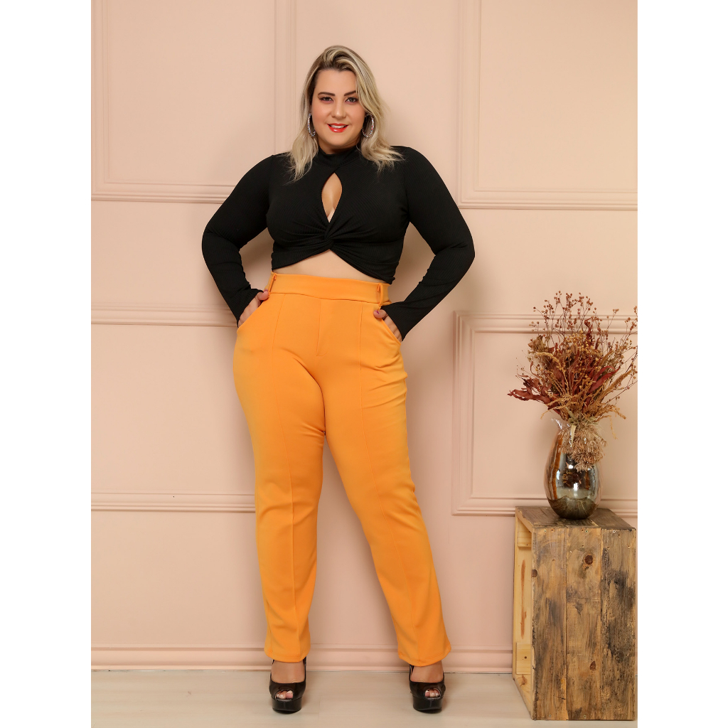 Calça Pantalona feminina plus size Social De Neoprene Wide Leg