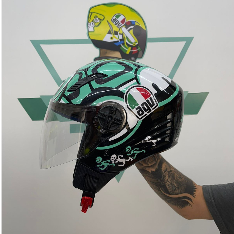 Capacete Fw Aberto Personalizado Modelo Tataruga Turtle Agv Ciano