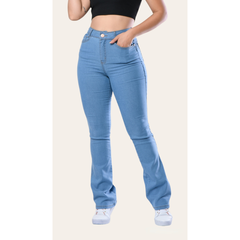 Calça Flare Feminina Com Nervura Jeans Com Licra Cintura Alta 14 - Azul  Claro+Marinho