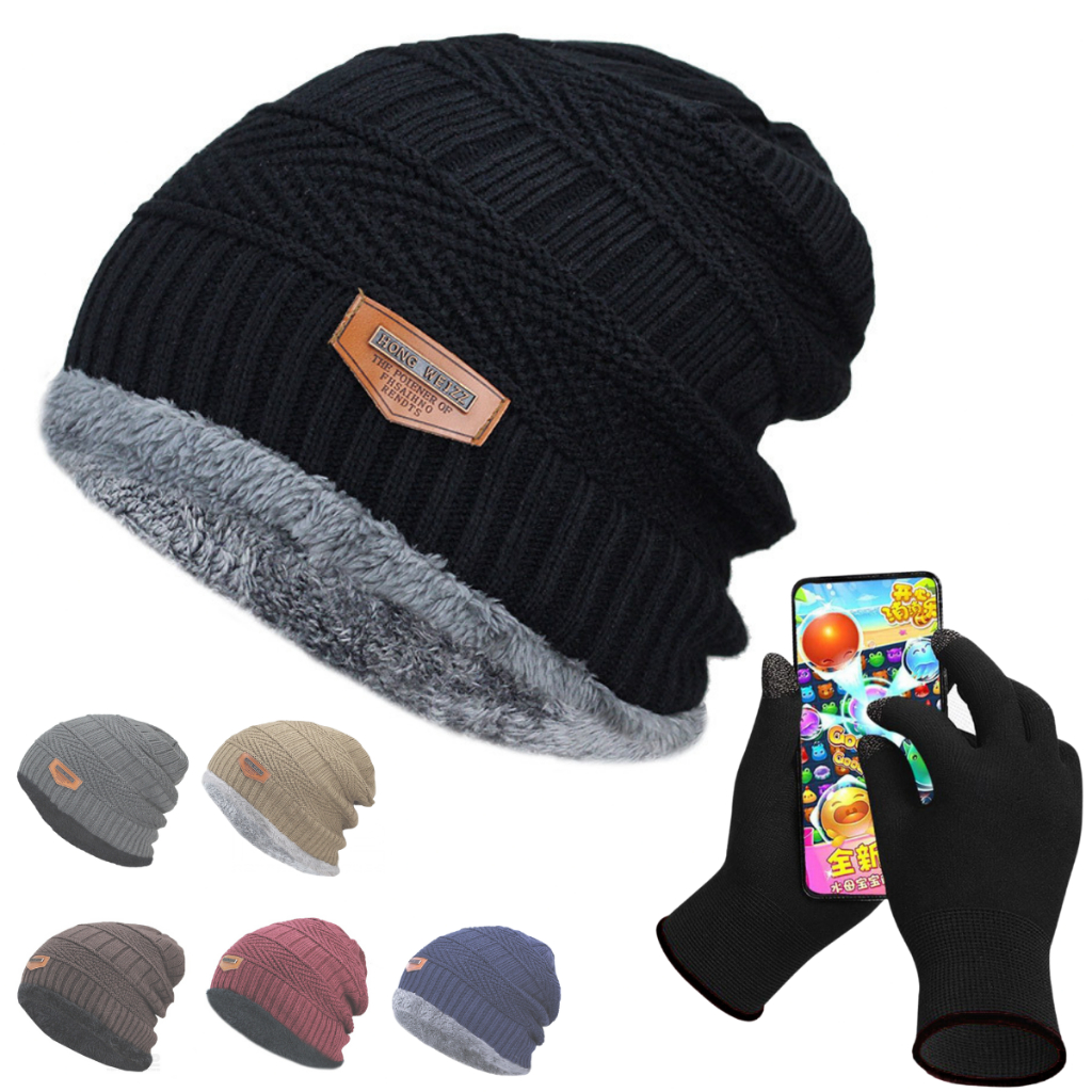 Kit Touca Gorro Lã Forrada + Luva Touch Mexer Celular Tablet INV285+INV290