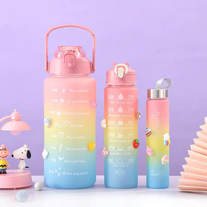 Kit da Garrafa de Água Squeeze Motivacional Com Adesivos 300ML+900ML+2000ML