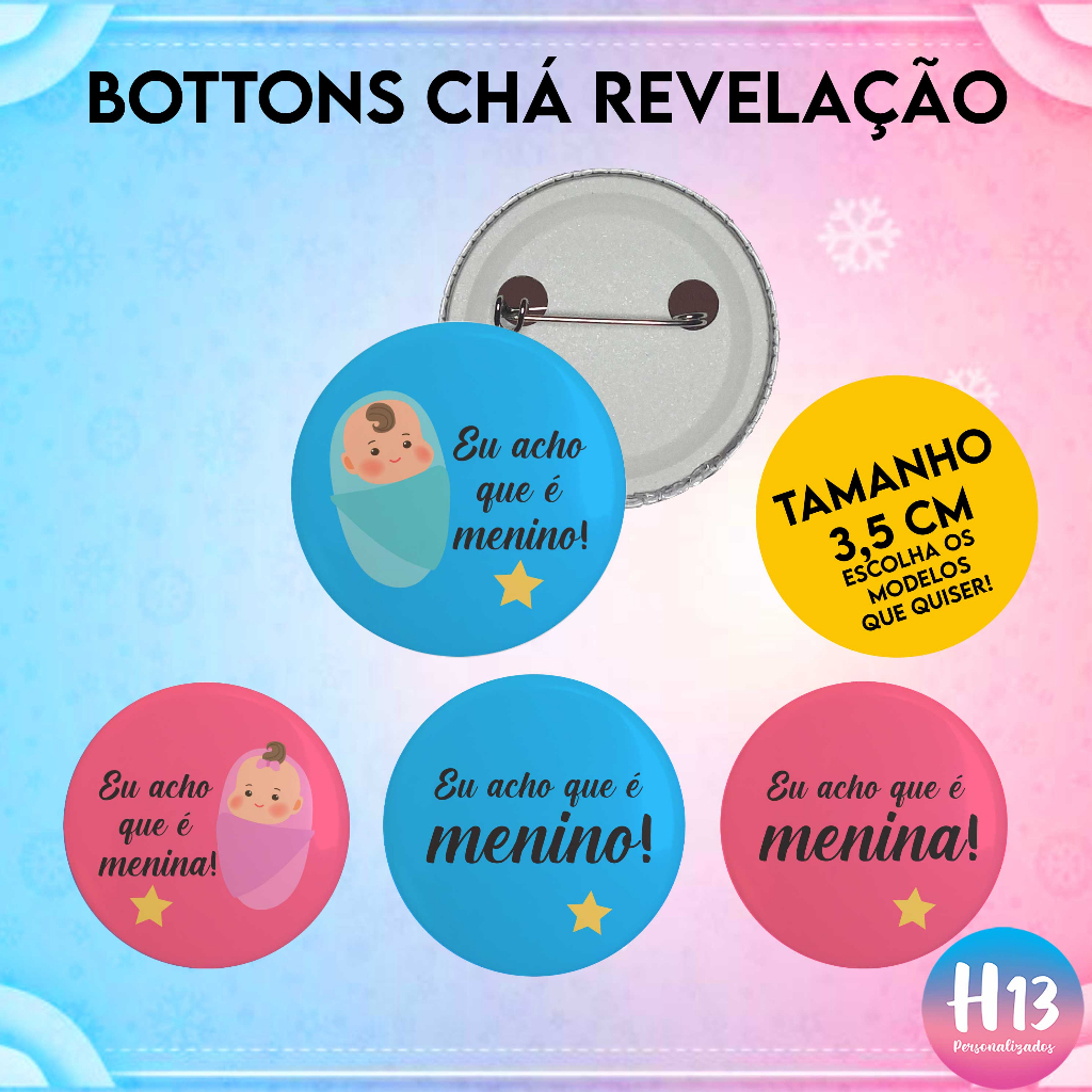 Kit Bottons Ch Revela o 30 35 40 45 50 60 unidades tamanho 3 5