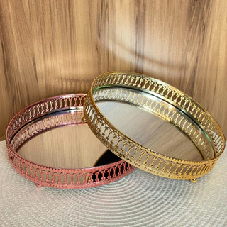 Bandeja Decorativa Espelhado em Metal Multiuso Retangular ou Redonda