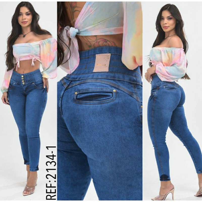 Calça Jeans Feminina Cintura Alta Com Lycra Algodão Poliéster