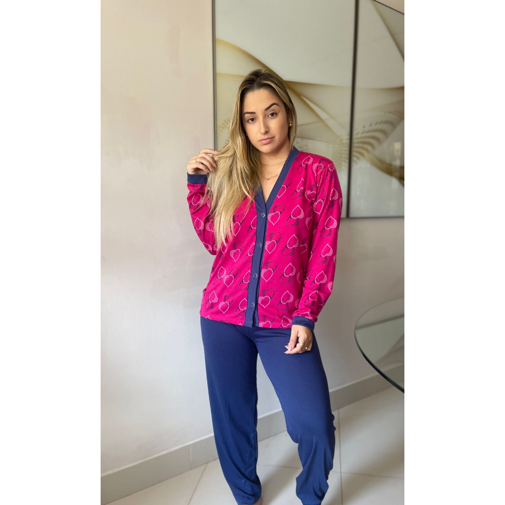Pijama Feminino de Frio estampado com botões Pijama Inverno malha ...