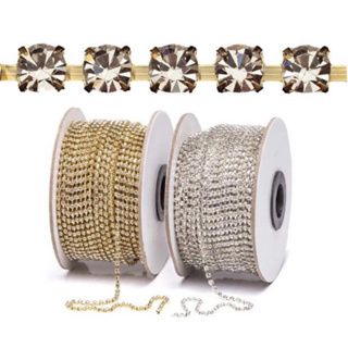 Corrente de Strass Rolo Com 10 Metros Dourada Prata Artesanato Colagem Bolsas Roupas