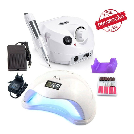 Kit Cabine Sun 5 Led Uv 48w Unha + Motor Porquinho Lixa Lixadeira de Unhas Elétrica Profissional Nail Drill