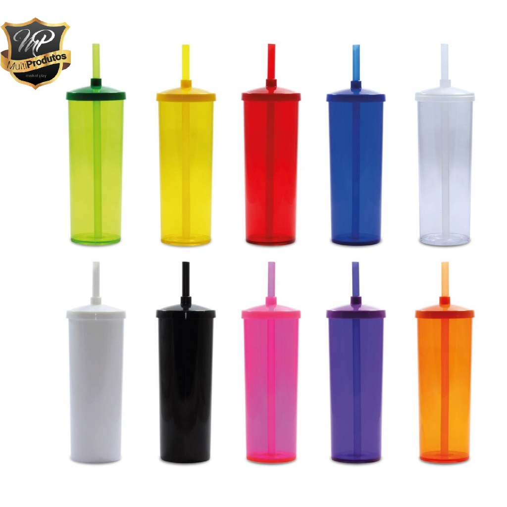 Copo Long Drink 300ml com Tampa & Canudo Reforcado Premium ( 20 Unidade ...