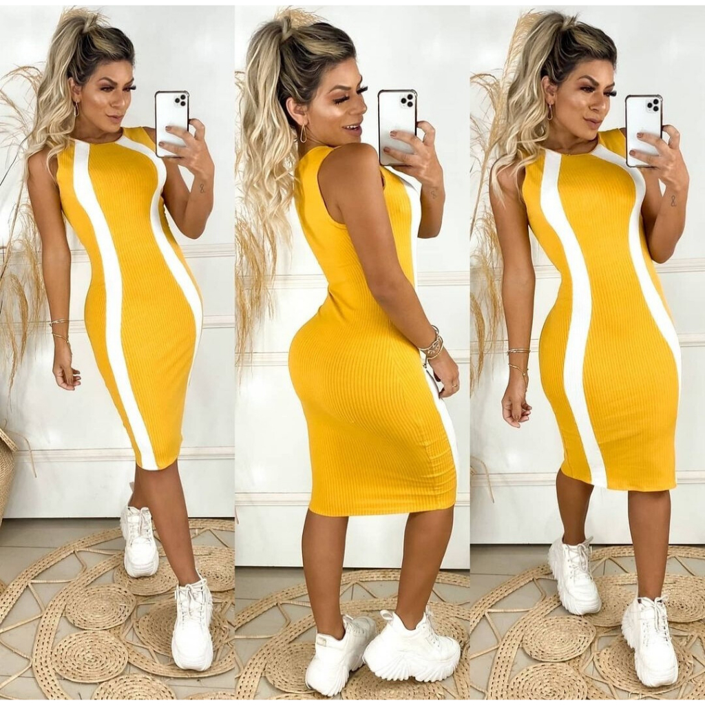 Vestido Midi Canelado Regata Faixa Branca Tam. P ao GG Longuete