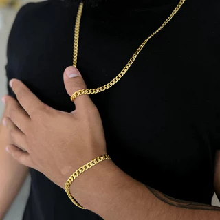Kit Corrente Colares e Pulseiras Masculina Banhadas A Ouro 18K 3mm