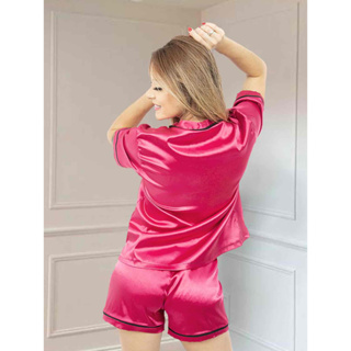 Pijama americano em cetim, inspirado da fendi - luxo - R$ 249.00, cor  Marrom #122421, compre agora