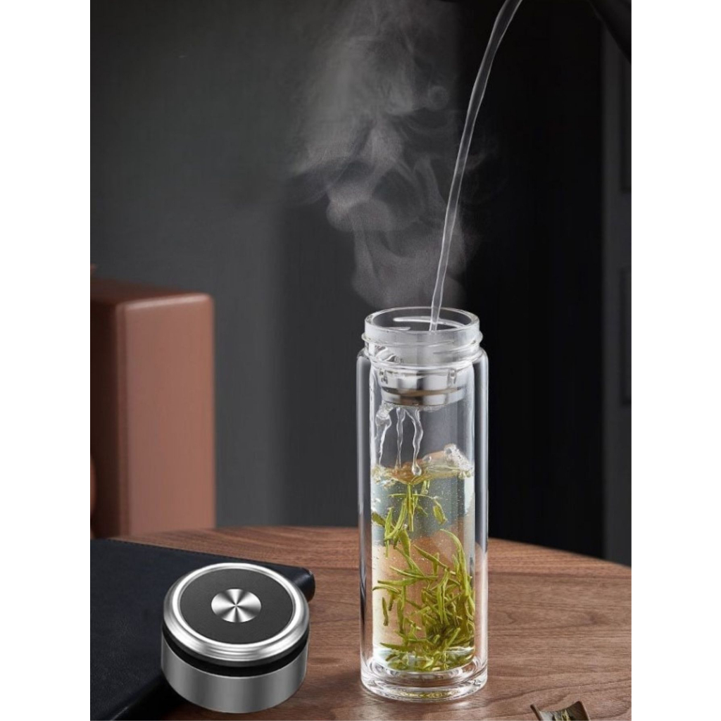 Garrafa de Vidro Copo Com Infusor de Chá em Inox Camada Dupla Com Isolamento Térmico Copo Resistente A Alta Temperatura400ml