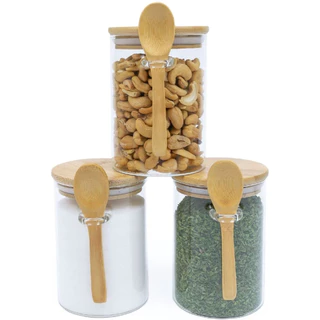 PROMOÇÃO 03 Potes Vidro 6,5 x 10 cm = 250ml Borossilicato Hermético Colher Tampa Bambu 6,5x10cm Boro silicato