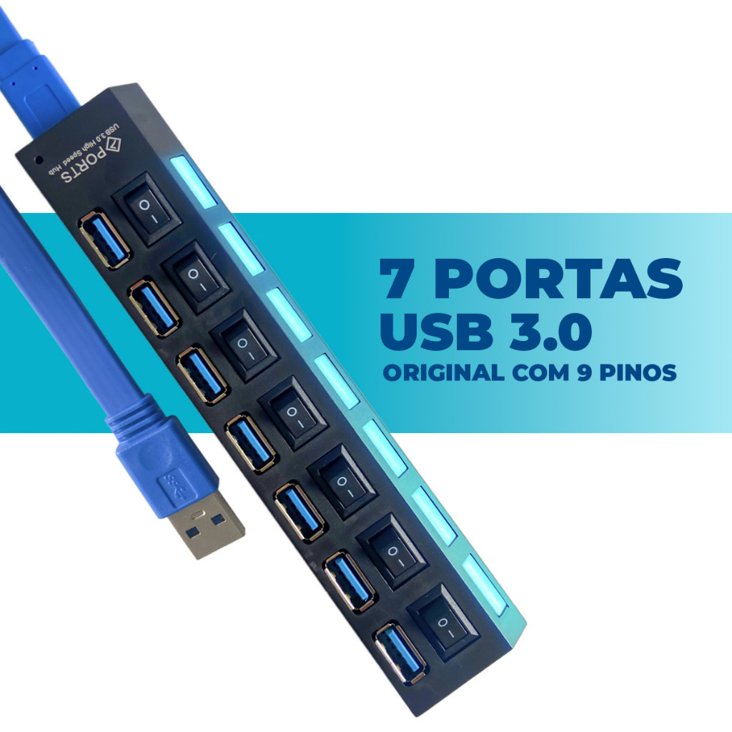 Régua Hub USB Com 7 Entradas 3.0 480mbps Excelente Taxa de Transferência Conecta Diversos Aparelhos
