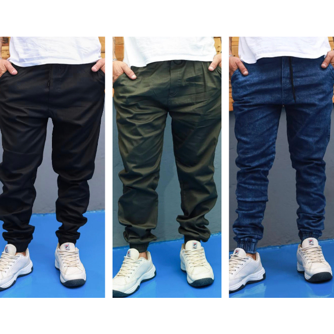 KIT 3 Calças Jogger Masculina Sarja Jeans com Elastano