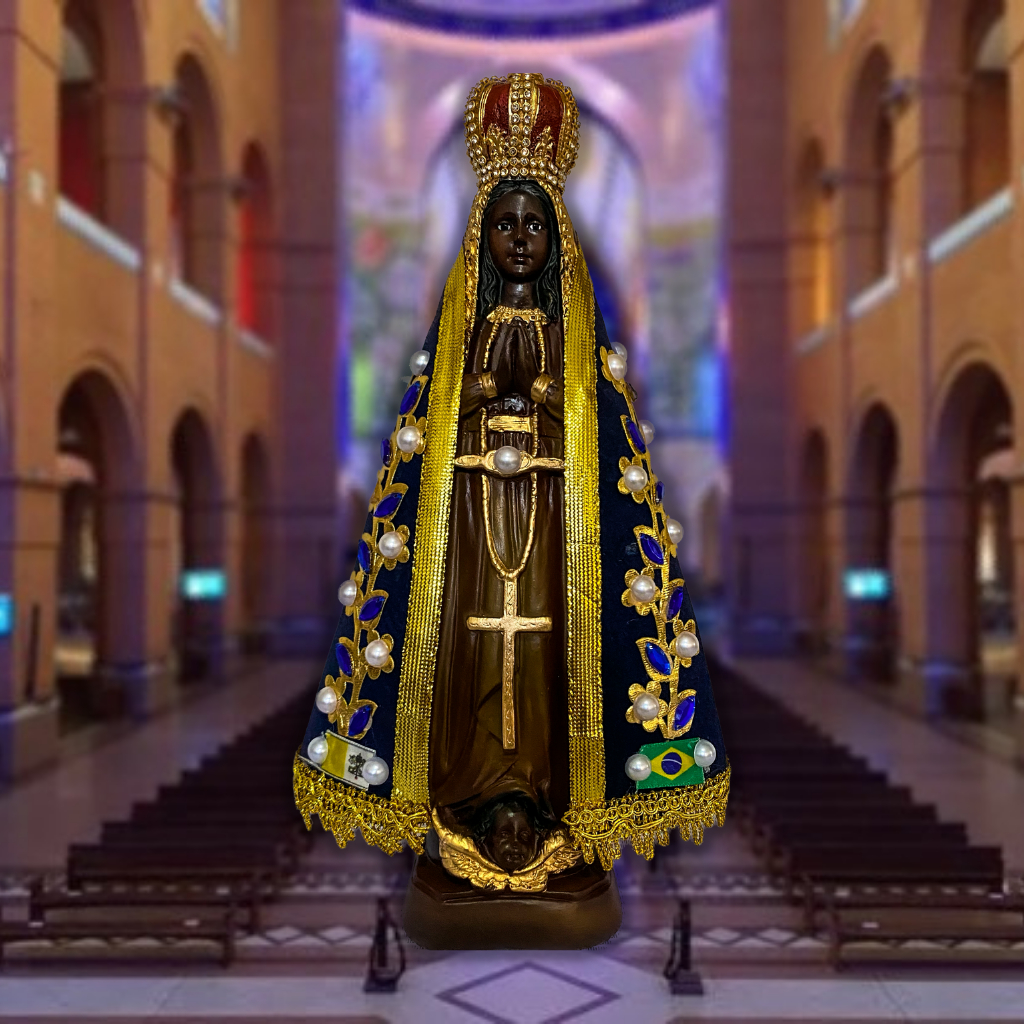 Imagem nossa senhora aparecida 32cm manto original com p rolas gesso