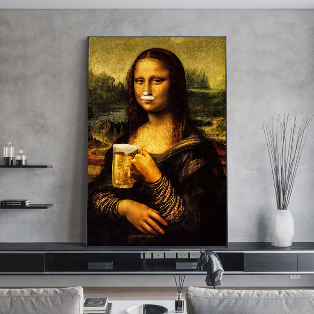 Quadro Monalisa Cerveja Painel Decorativo Grande 4k 80x60cm