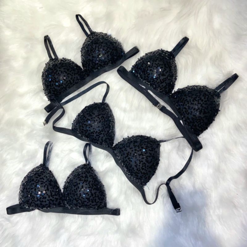 Cropped Paetê Com Bojo Despojado Preto Brilhante Moda Gringa