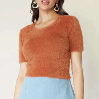 Cropped Blusa Feminina Pelúcia Pelinho manga curto Inverno jx108