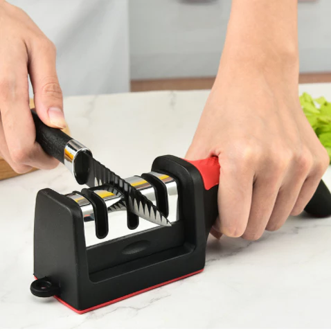 1 Afiador Amolador De Facas Em Aço Inox Com 3 Borda Profissional Base Emborrachado Promoção