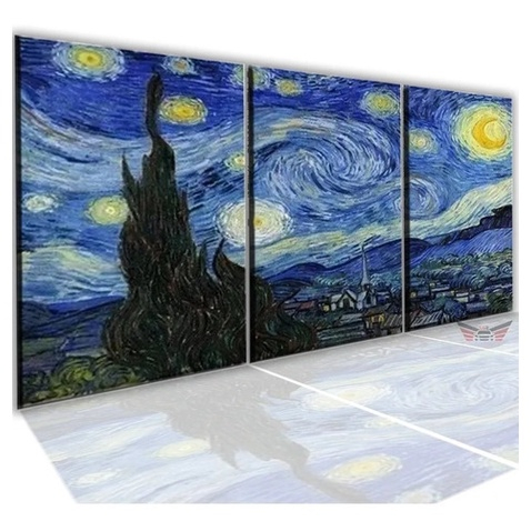 Kit Quadros Decorativos Mosaico 3 Peças Trio Arte Abstrato Renascentista Van Gogh Noite Estrelada Modular Luxo Vintage Colorido Lua Xéu Igreja