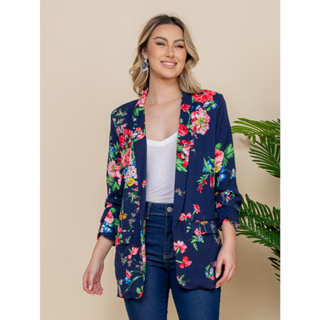 Casaco Blazer Estampado Branco e Preto Floral Feminino Tamanho G