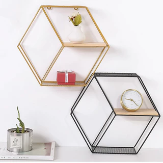 Prateleira Nicho Hexagonal Metal/Madeira para Casa Sala de Estar Arte Decoração em Estilo Industrial