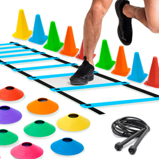 Kit Treino de Futebol 1 Escada Agilidade Nylon + 10 cones coloridos + 10 chapeus chines + 1 Corda de Pular + Para treino
