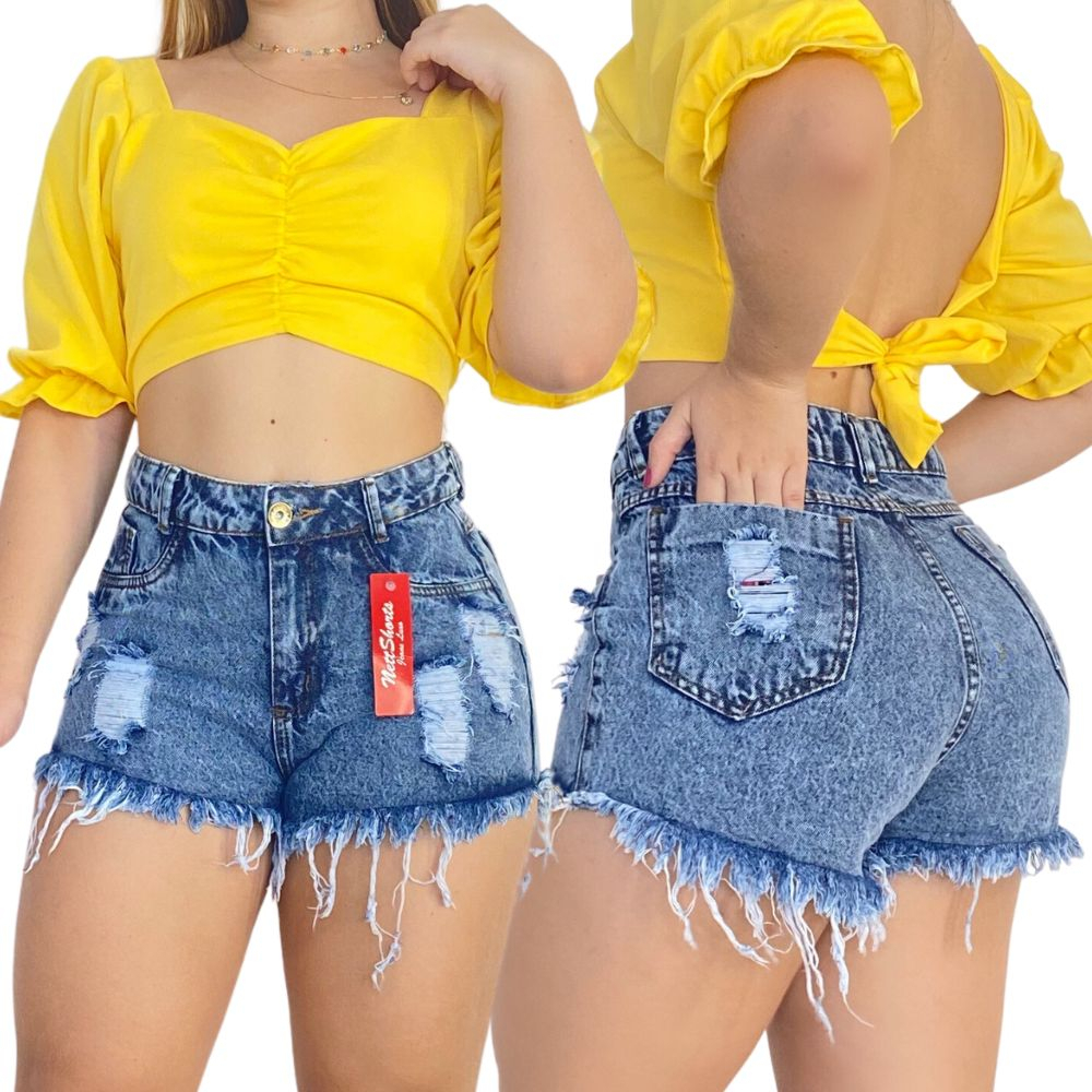 Short Jeans Feminino Desfiado Cintura Alta Lindo Rasgado C37 Cor